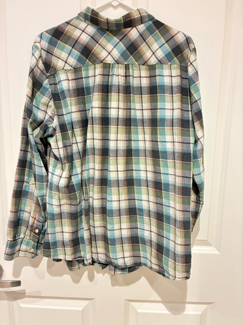 Johnny Was Flannel Plaid Button-Up in Teal, Green, Cream, Gray - Picture 4 of 6